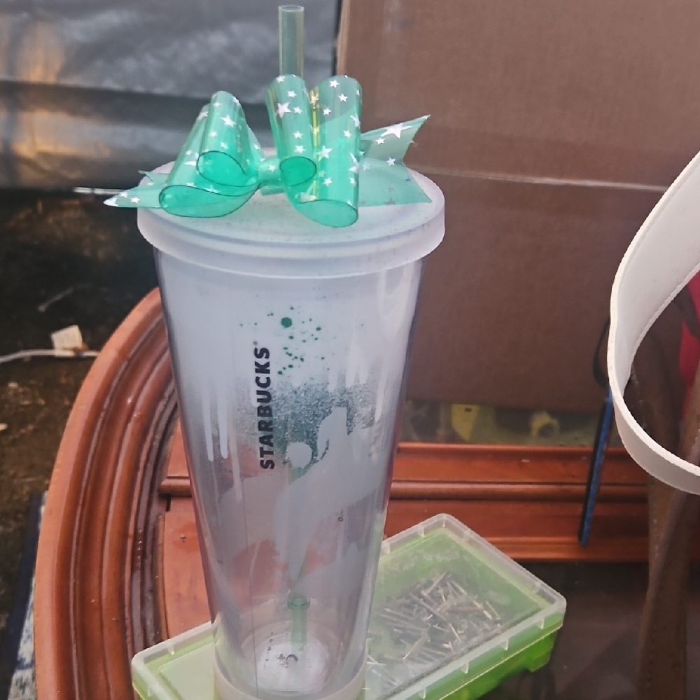 Starbucks Festive Tumbler with Green Bow and Straw